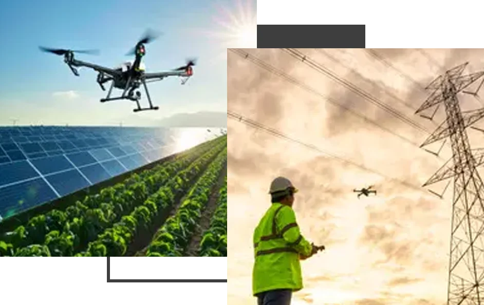 A collage of different images with an image of a man flying a kite and a helicopter.